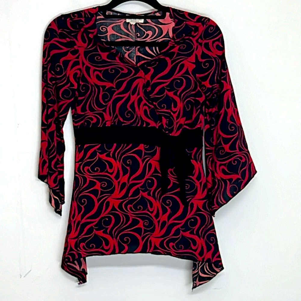 🌞 MKM Designs Vintage 90s red & black v-neck waist tie faux belt front S